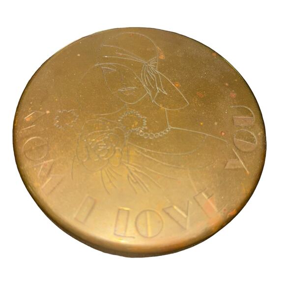 Brass Dresser Set “Mom I Love You” Red Velvet Lined Trinket Box & Dish Signed - Picture 3 of 10